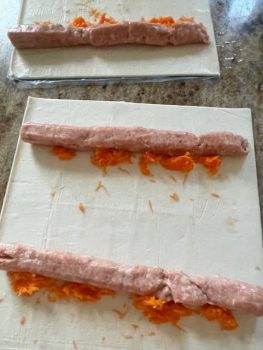 carrot salt mixture next to sausage roll meat