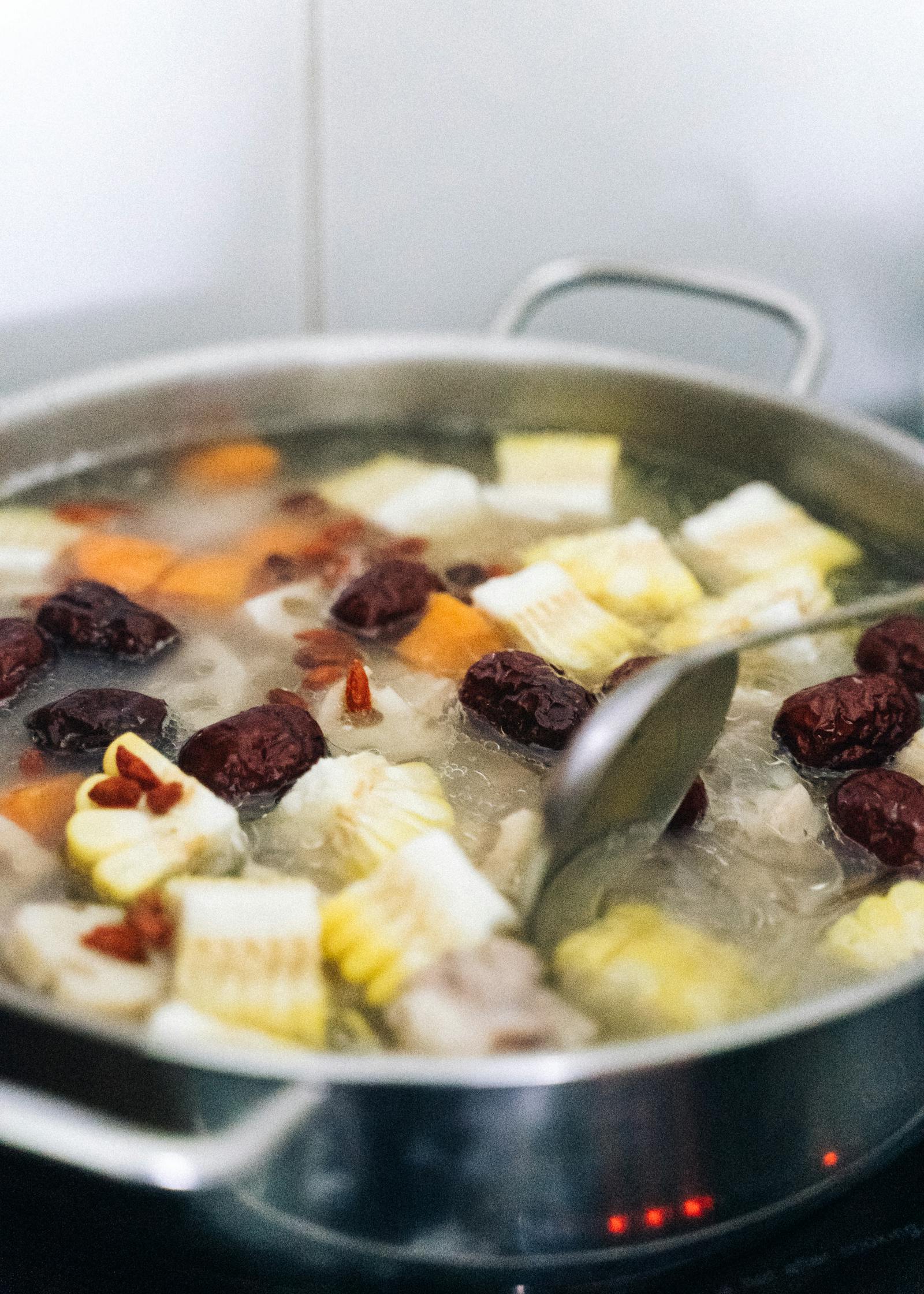 Homemade soup cooking in a pot ready for blending