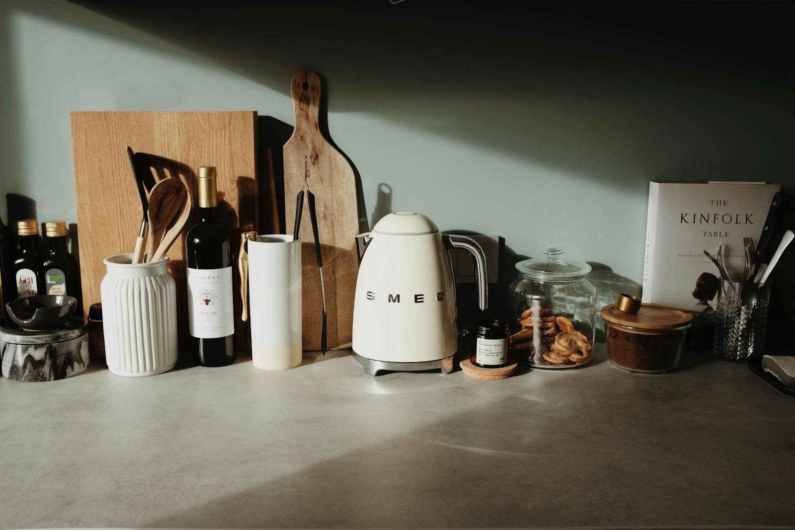 Inviting kitchen bench with cooking tools ready for food preparation